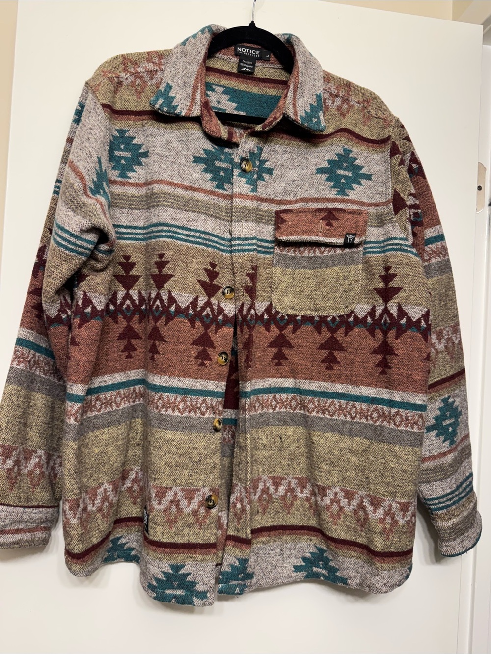 Notice Women's Aztec-Pattern Button-Front Shirt Jacket - Teal/Brown